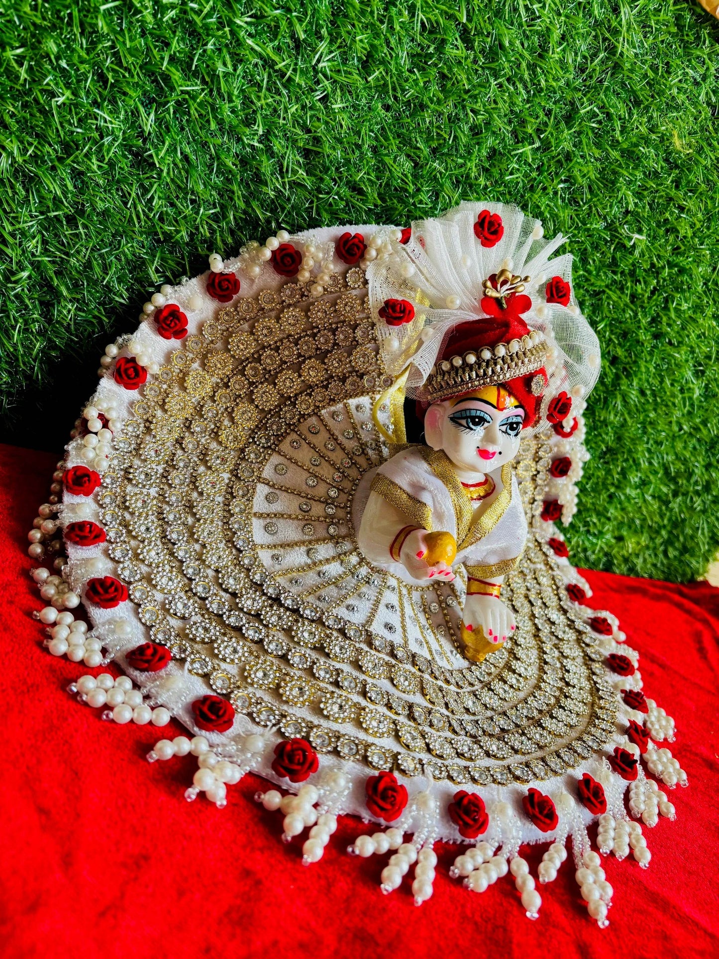 Gorgeous white poshak with red flowers with pagdi - Vrindahaat