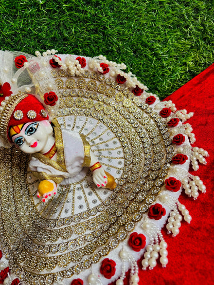 Gorgeous white poshak with red flowers with pagdi - Vrindahaat