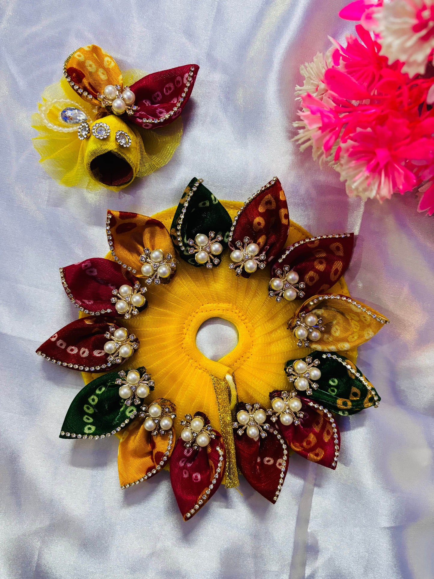  Yellow Bandhej Laddu Gopal Dress with Petals and Pagdi - Vrindahaat
